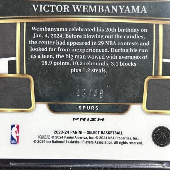 2024 Panini Select Basketball Victor Wembanyama Checker Bronze /49 SP BGS 9 MINT - Picture 4 of 4